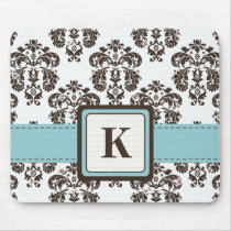 Monogram Tiffany Blue and Brown Damask Mouse Pad