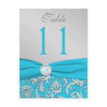 Monogram Turquoise and Silver Damask Table Number Postcards