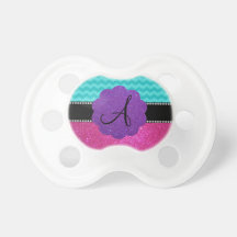 Monogram turquoise chevrons pink glitter baby pacifiers