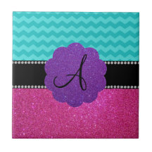Monogram turquoise chevrons pink glitter tile