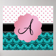 Monogram turquoise damask pink diamonds posters