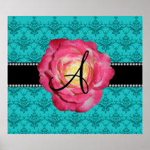 Monogram turquoise damask pink rose print