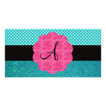 Monogram turquoise glitter customized photo card