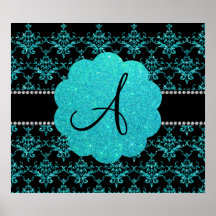 Monogram turquoise glitter damask poster