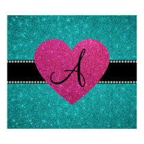 Monogram turquoise glitter pink heart print