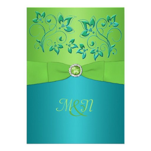 Monogram Turquoise, Lime Floral Wedding Invitate Cards