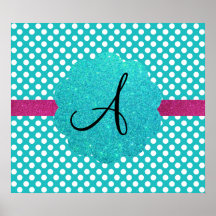 Monogram turquoise polka dots posters