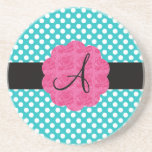 Monogram turquoise polka dots roses beverage coasters