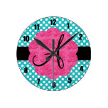Monogram turquoise polka dots roses wall clocks