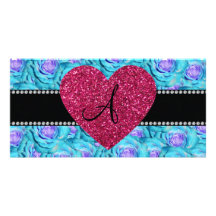 Monogram Turquoise roses Picture Card