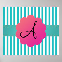 Monogram turquoise stripes poster