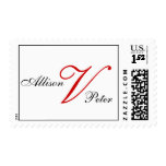 Monogram V Wedding Elegant Red White Postage