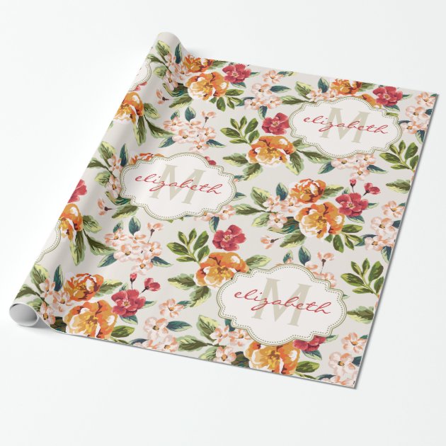 Monogram Vintage Victorian Watercolor Floral Wrapping Paper 1/4