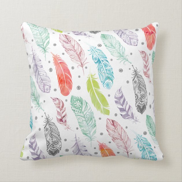 Monogram Watercolor Feather Pattern Pillow