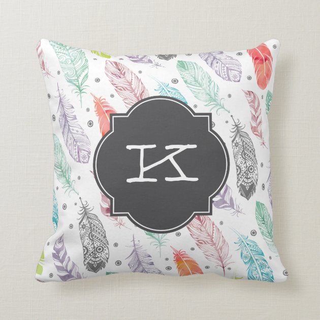 Monogram Watercolor Feather Pattern Pillow