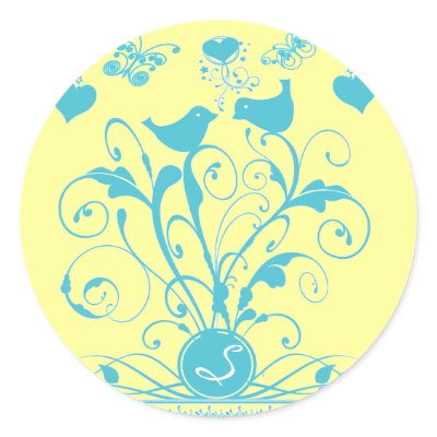 Monogram Wedding Birds Hearts Swirls Aqua Blue Round Stickers