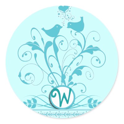 Monogram Wedding Birds Hearts Swirls Aqua Blue Round Stickers by samack