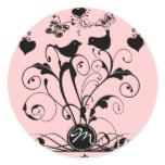 Monogram Wedding Birds Hearts Swirls Round Stickers