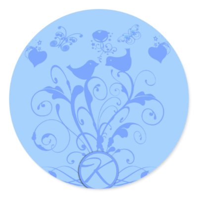 Monogram Wedding Birds Hearts Swirls Tiffany Blue Round Stickers by samack