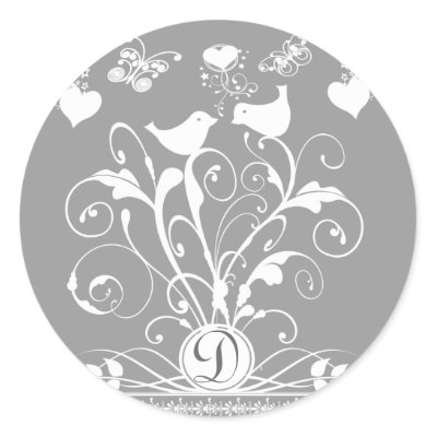 Monogram Wedding Birds Hearts Swirls White on Grey Stickers