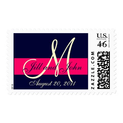 Monogram Wedding Bride Groom Navy Pink Ivory Stamp