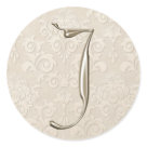 round_sticker - Monogram Wedding stickers, with a beautiful damask background and an elegant silver monogram.  Get the matching postage to complete the look.