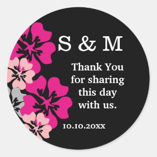 Monogram Wedding Thank You Pink Flowers On Black Classic Round Sticker