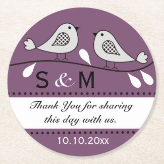 Monogram Wedding Thank You Purple Love Birds Round Paper Coaster