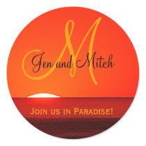 Monogram Wedding Tropical Sunset Envelope Seal stickers by OntheBeachWeddings Monogram Wedding Tropical Sunset Envelope Seal stickers