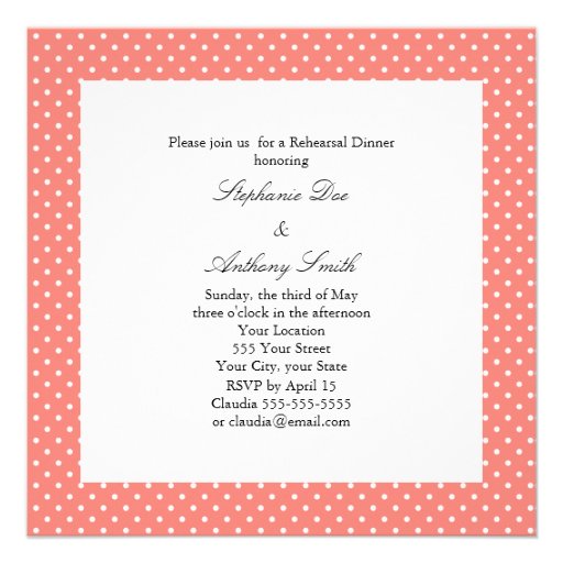 Monogram White and Coral Pink Polka Dot Rehearsal Invite