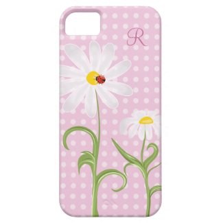 Monogram White Daisies and Lady Bug Polka Dot Pink iPhone 5 Cases