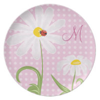 Monogram White Daisies and Lady Bug Polka Dot Pink Plates