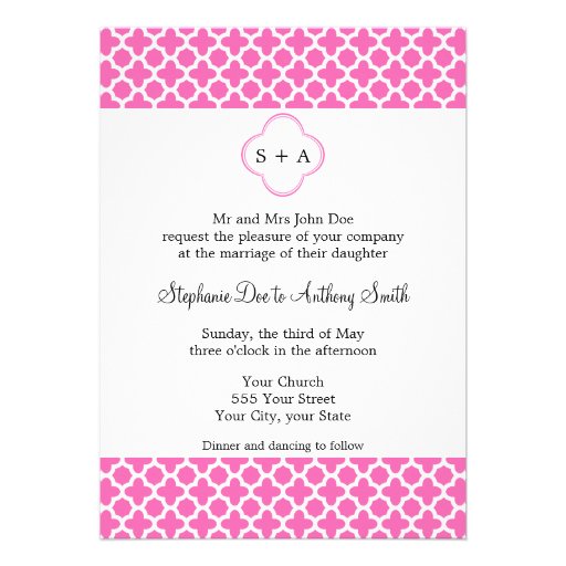 Monogram White on Hot Pink Quatrefoil Pattern Invitation