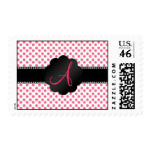 Monogram white pink polka dots postage