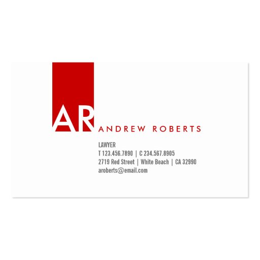 Monogram White Red Clean Business Card (front side)