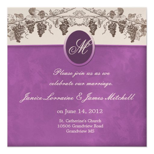 Monogram wine grapes wedding invitations
