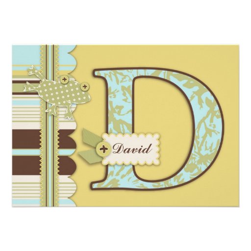 Monogram with Frog and Stripe Print Baby Shower Invitations (front side)