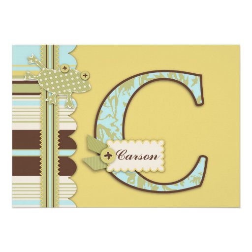 Monogram with Frog and Stripe Print Baby Shower Custom Announcement (front side)