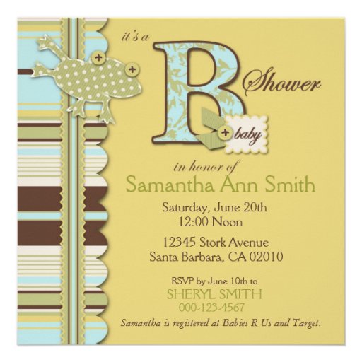 Monogram with Frog and Stripe Print Baby Shower Invite