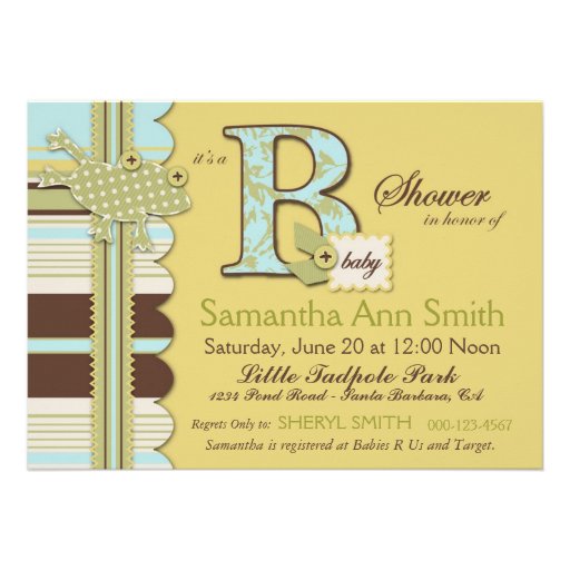 Monogram with Frog and Stripe Print Baby Shower Custom Invites