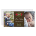 Monogram wreath red green merry Christmas greeting photocard