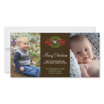 Monogram wreath red green merry Christmas greeting photo cards