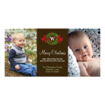 Monogram wreath red green merry Christmas greeting Customized Photo Card