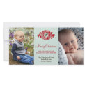Monogram wreath red mint merry Christmas greeting photocard