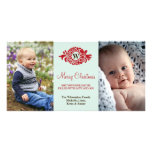 Monogram wreath red mint merry Christmas greeting Photo Card Template