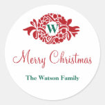 Monogram wreath white Christmas holiday gift tag Round Sticker