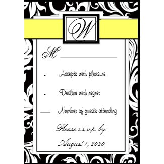 Monogram Yellow & Black Damask Wedding RSVP Cards invitation