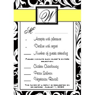 Monogram Yellow & Black Damask Wedding RSVP Cards invitation