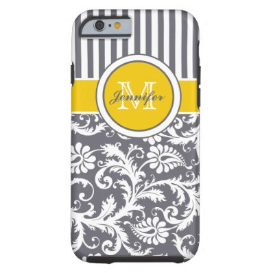 Monogram Yellow Gray White Striped Damask Tough iPhone 6 Case