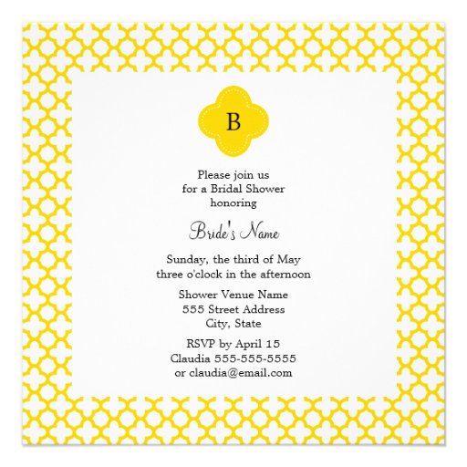 Monogram Yellow Quatrefoil Pattern   Bridal Shower Invitation